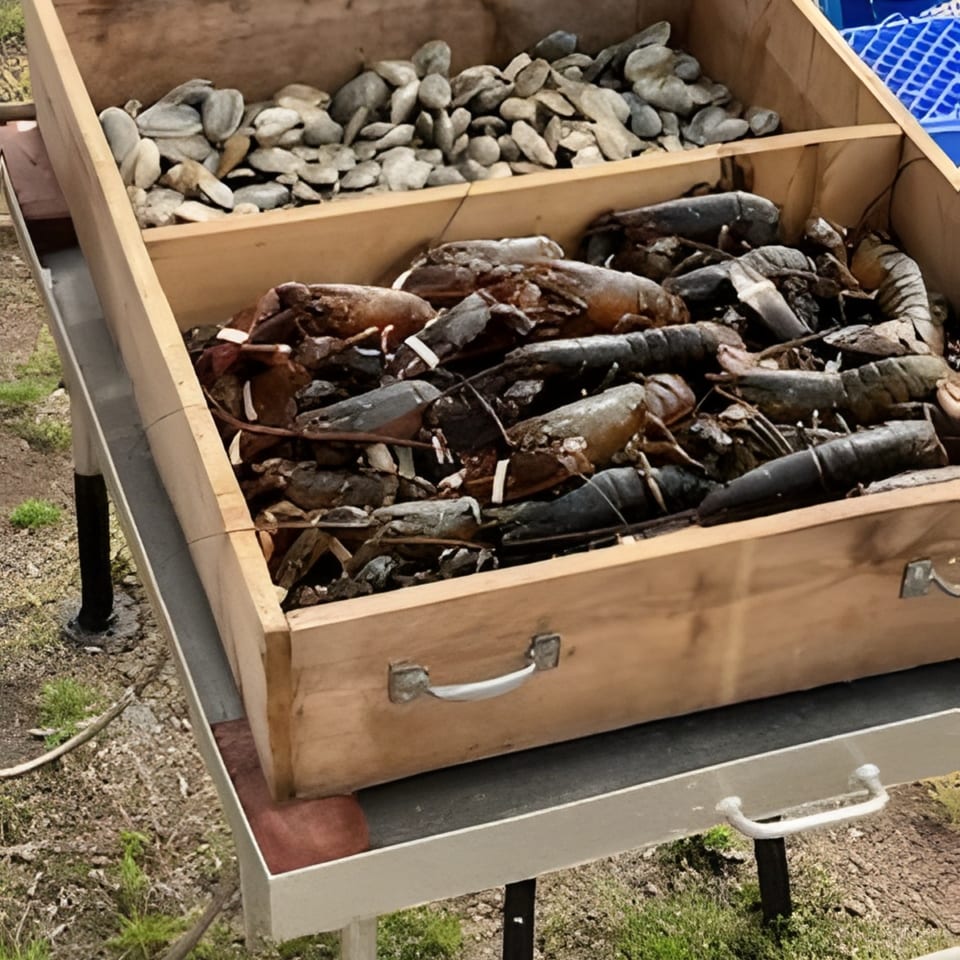 A wooden crate filled with fresh lobsters and clams, ready for cooking.