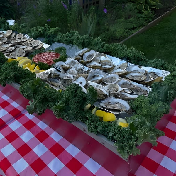 Oysters on ice with lemon wedges and cocktail sauce, on a red and white checkered tablecloth.