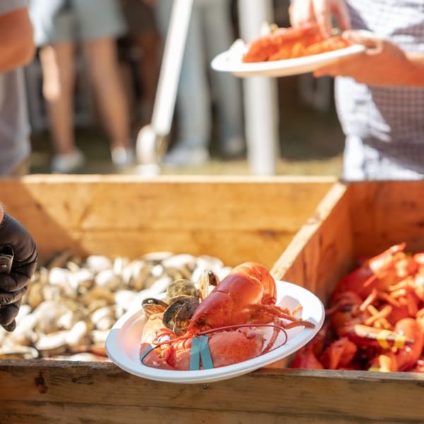 A person holding a plate with a whole cooked lobster and clams, with more seafood in wooden bins.
