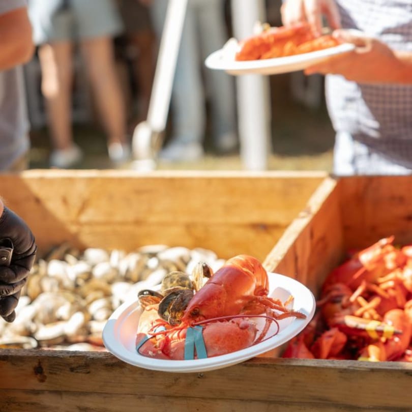 A person holding a plate with a whole cooked lobster and clams, with more seafood in wooden bins.