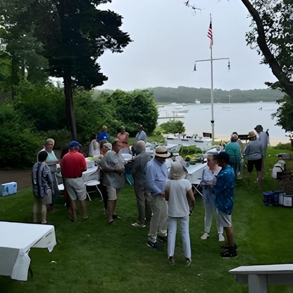 People gather on a grassy lawn overlooking a body of water with boats and a distant shoreline.